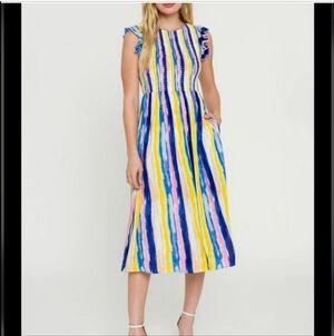 English factory Striped Colorful smocked Midi Dress Vacation Flutter Sleeves